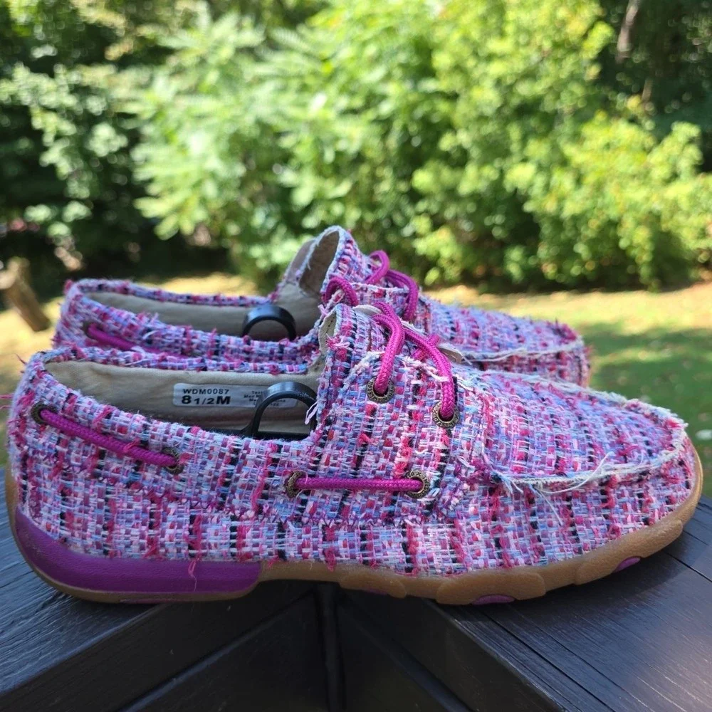 Twisted X Boots Pink Plaid Burlap Driver‎ Loafers Women's 8.5